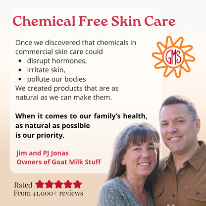 Advertisement for chemical-free skin care products with a couple and the GMS logo.