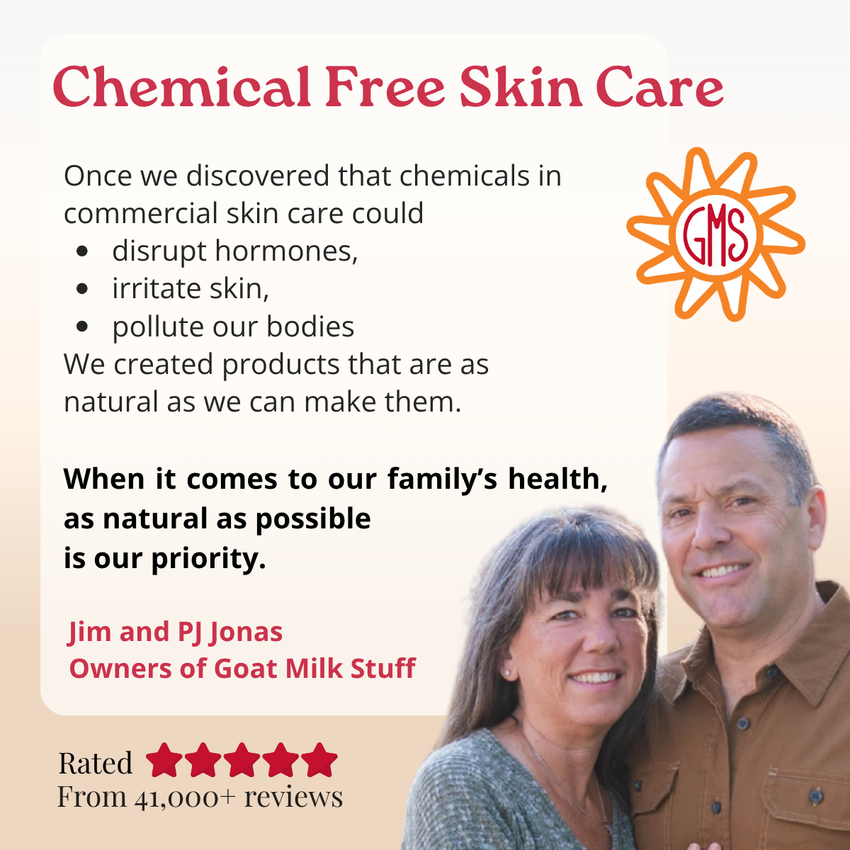 Advertisement for chemical-free skin care products with a couple and the GMS logo.