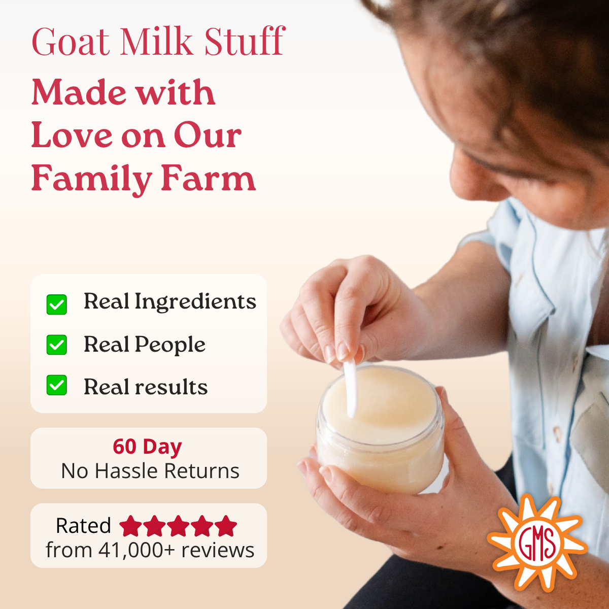 Person holding a jar of 'Goat Milk Stuff' with text about real ingredients, people, and results on a light background.