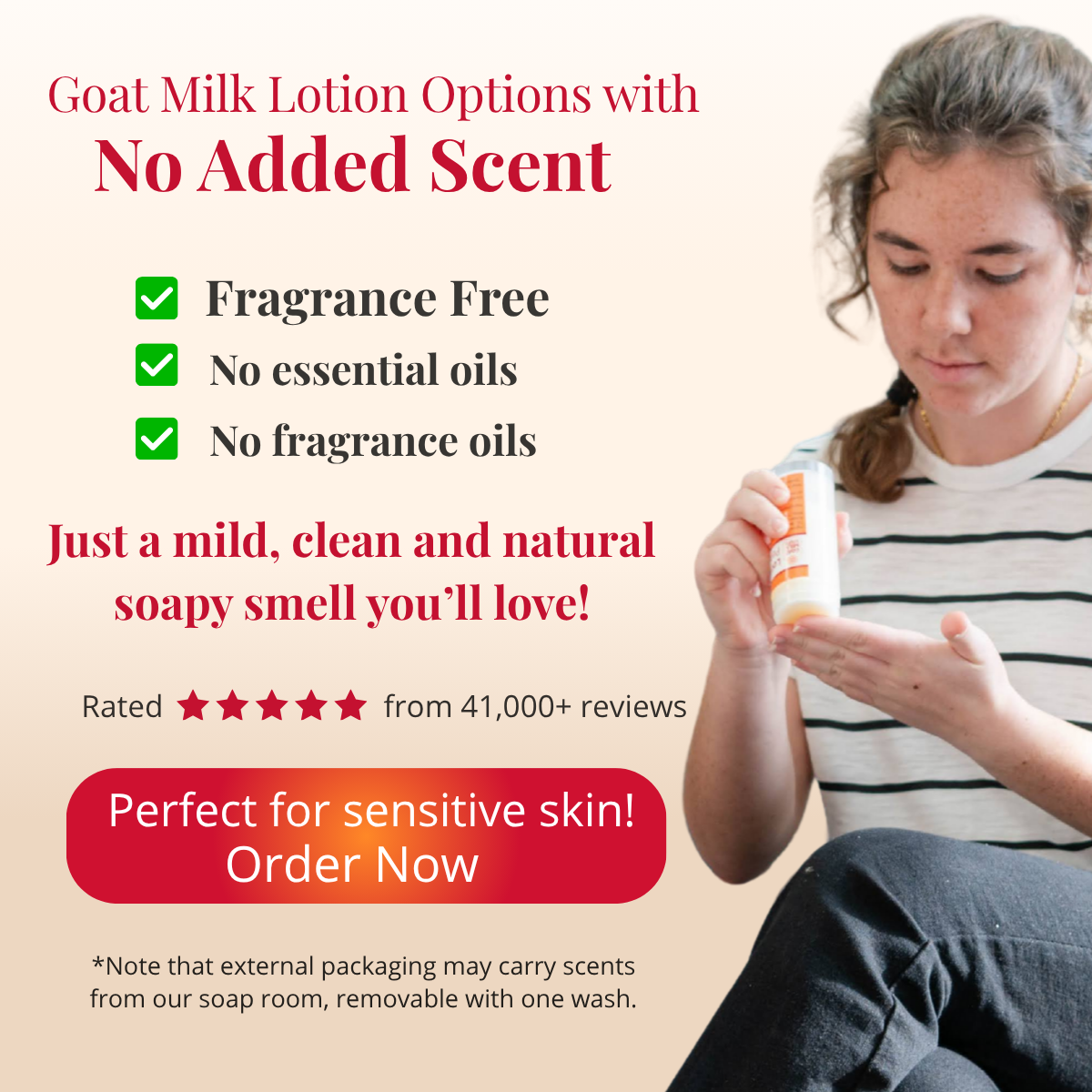 Woman holding a bottle of goat milk lotion with text about fragrance-free options.