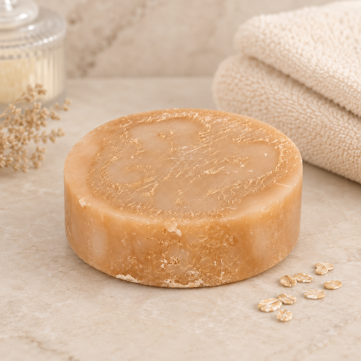 Bar of soap on a marble surface with oats and a towel in the background