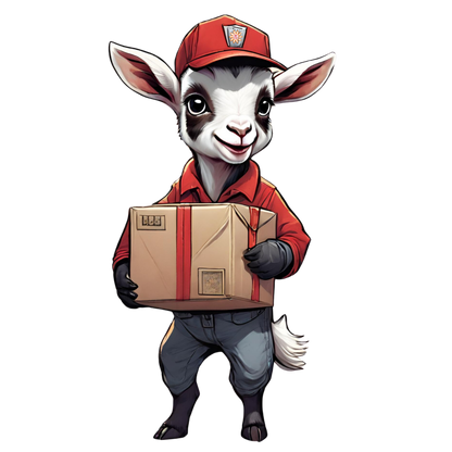 Illustration of a goat character in a red uniform holding a package on a white background