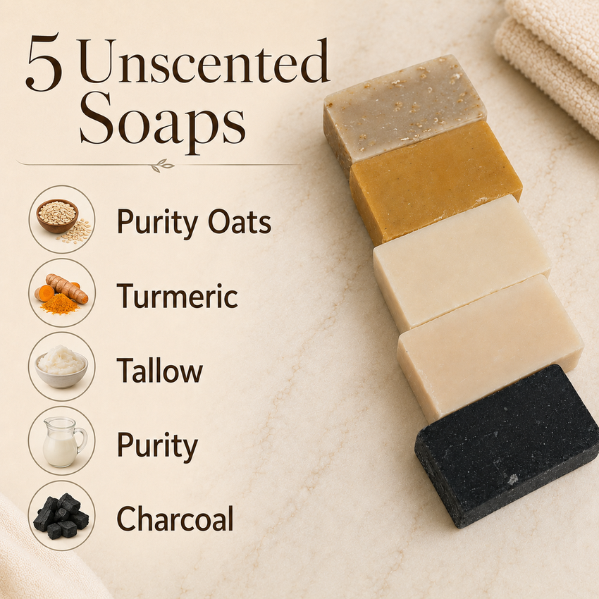 Five unscented handmade soap bars arranged vertically on a light marble surface, labeled with their ingredients: Purity Oats, Turmeric, Tallow, Purity, and Charcoal. The soaps are in different colors: gray-brown, golden-brown, cream, off-white, and black.
