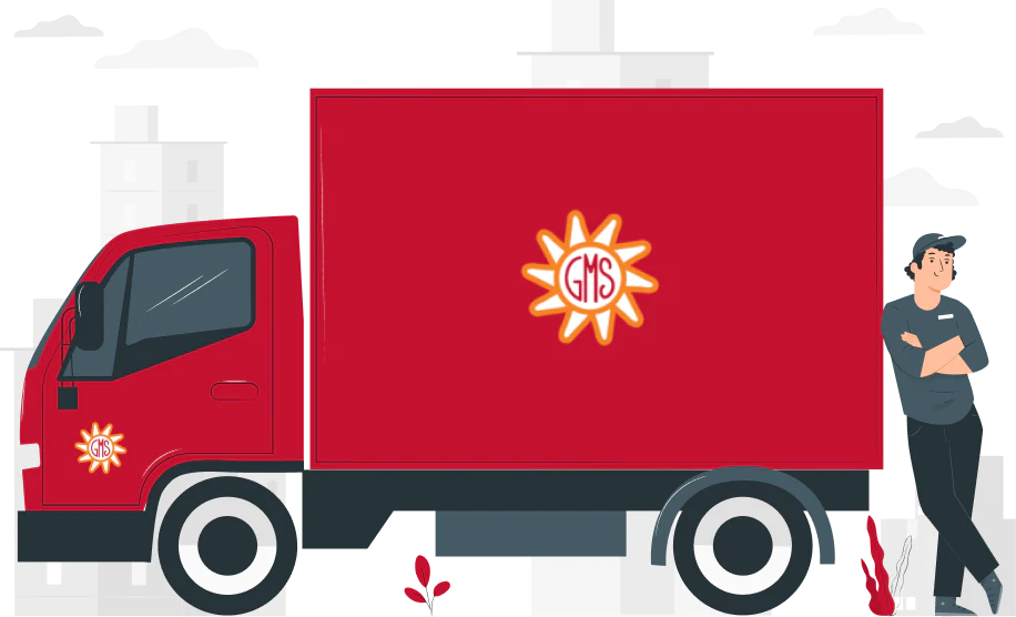 Red delivery truck with Goat Milk Stuff logo and a man standing in the back of truck
