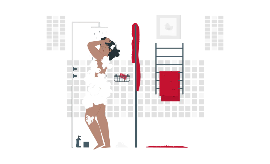 Illustration of a person showering with Goat Milk Soap in a bathroom with shower tiles, towel, and bath accessories