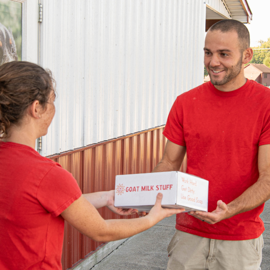 Colter receiving a Goat Milk Stuff package from Indigo