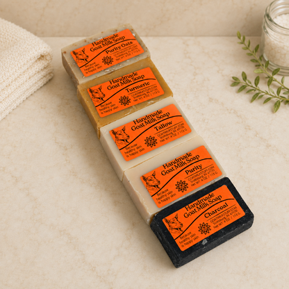 5 labeled unscented goat milk soaps